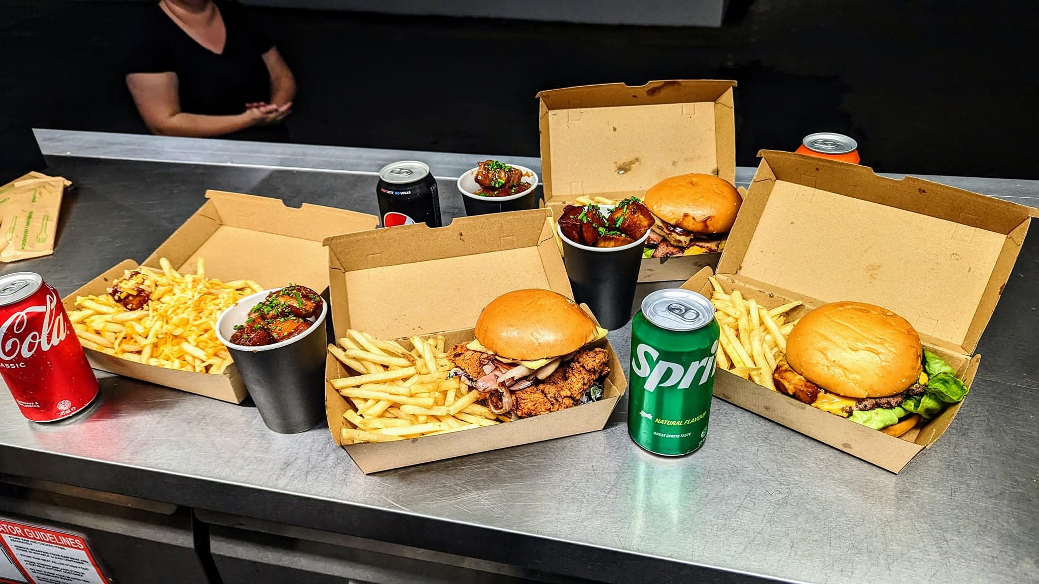 A range of Porkies burgers on the counter