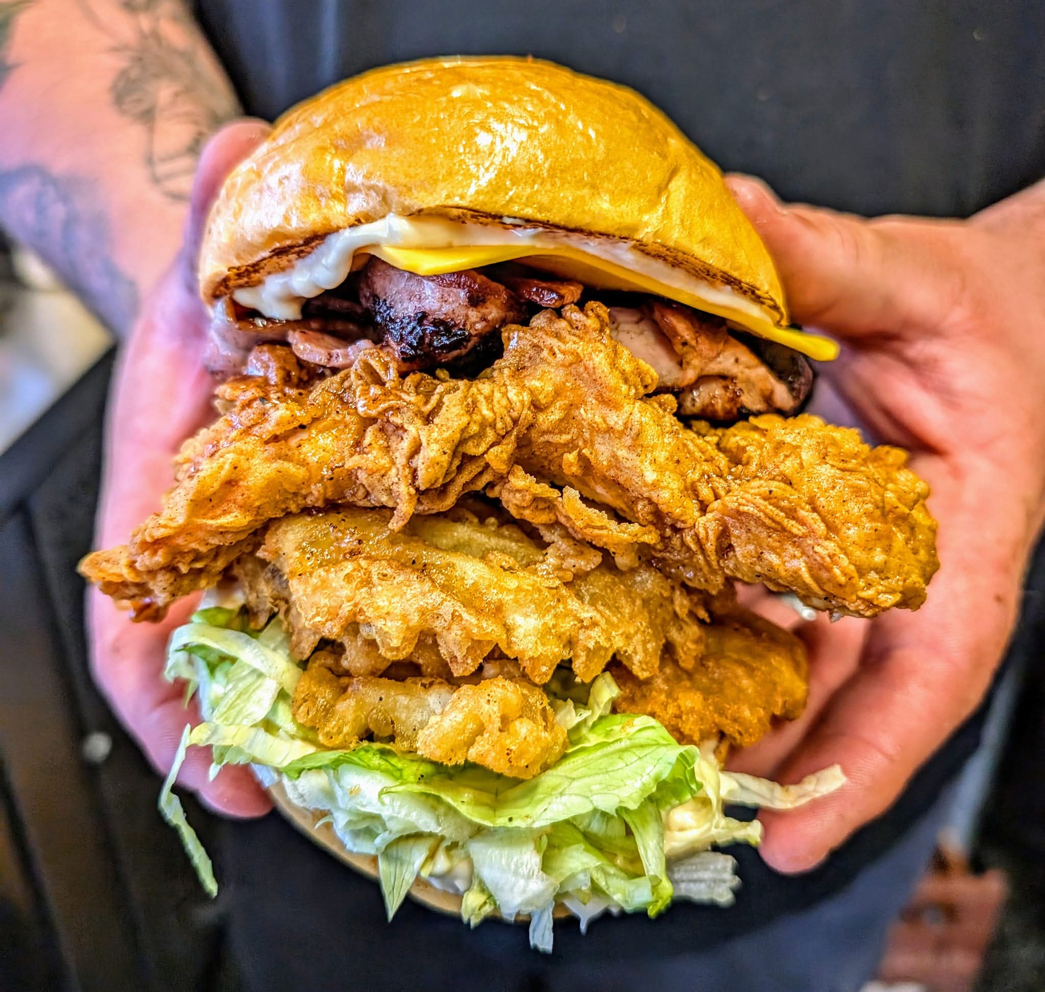 Tower of Power — stacked fried chicken burger